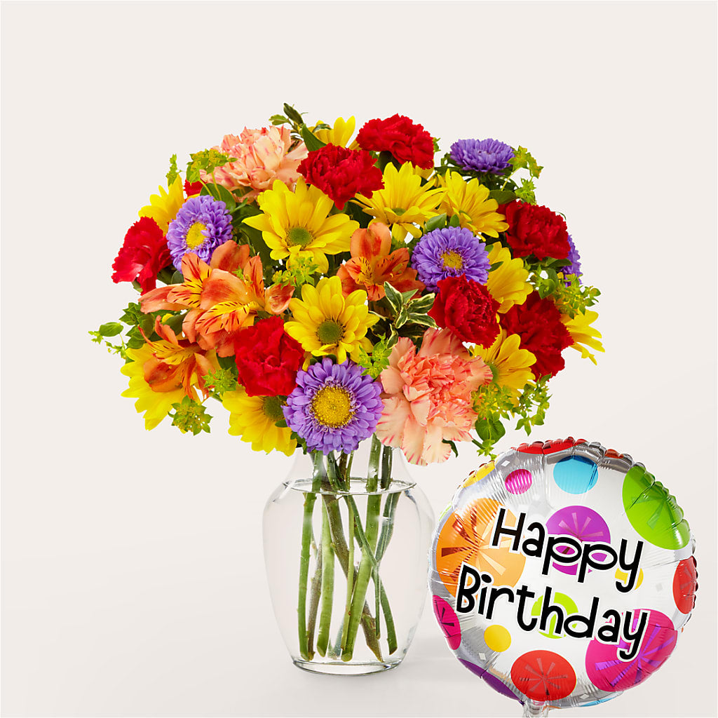 Kaleidoscope Bouquet with Birthday Balloon – Ecuadorian Central Flower, Minneapolis MN