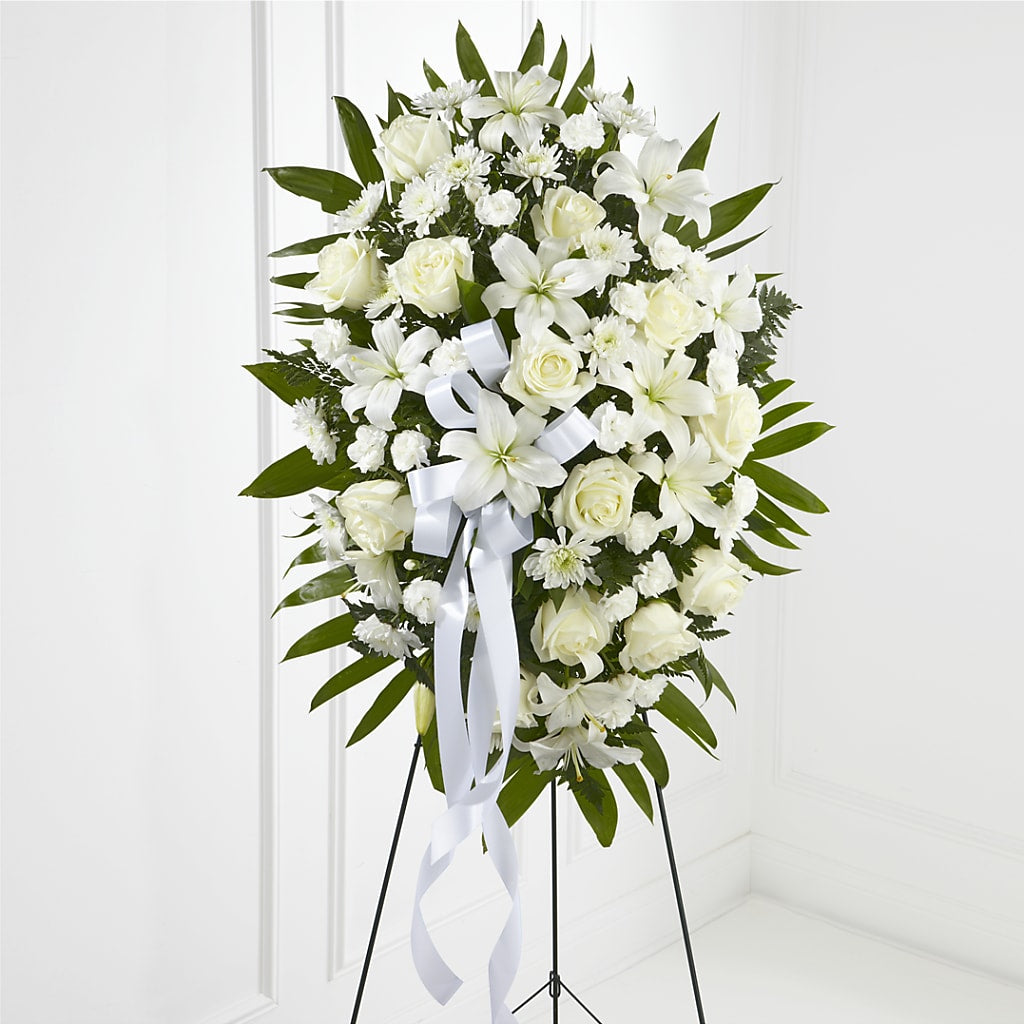 Exquisite Tribute Standing Spray-White Ribbon – Ecuadorian Central Flower, Minneapolis MN
